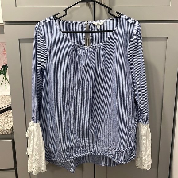 Blue and White Striped Blouse with Lace Bell Sleeves with Bows - Picture 1 of 3